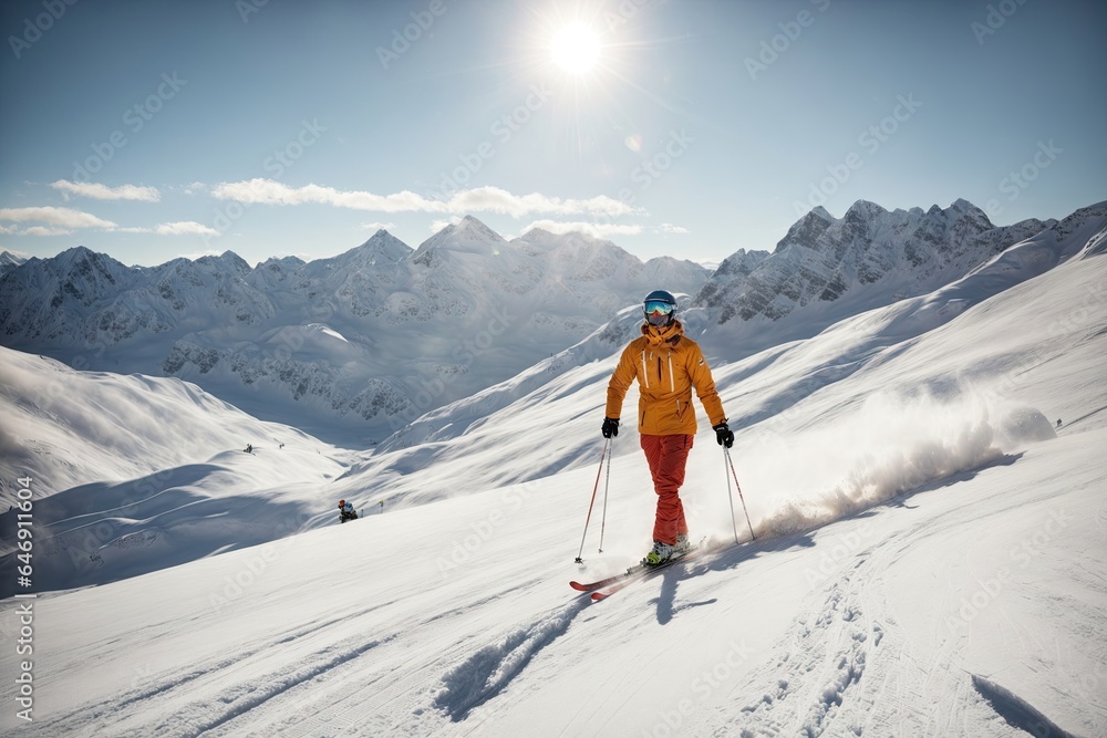 Skier in mountains prepared piste and sunny day. ai generative