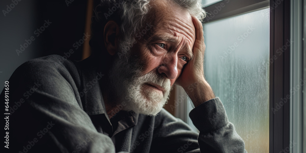 Sad melancholy senior bearded man at home looking out the window Sad melancholy senior bearded man at home looking out the window