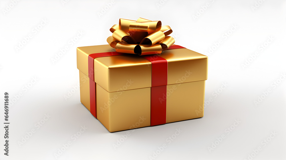 golden gift box with red ribbon on white background golden gift box with red ribbon on white background