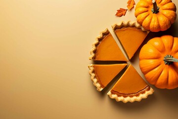 Top view of traditional pumpkin pie with puumpkins and copy space
