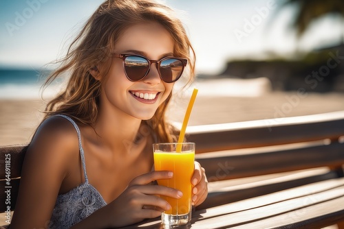 woman drinking orange juice at beach