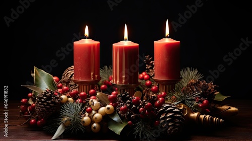 Handmade contemporary advent wreath  with candles lit weekly before Christmas. DIY traditional Christmas decor.