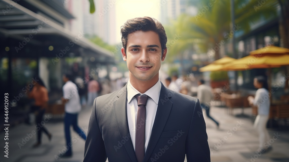 Young successful businessman stands. Outside the city Young successful businessman stands. Outside the city