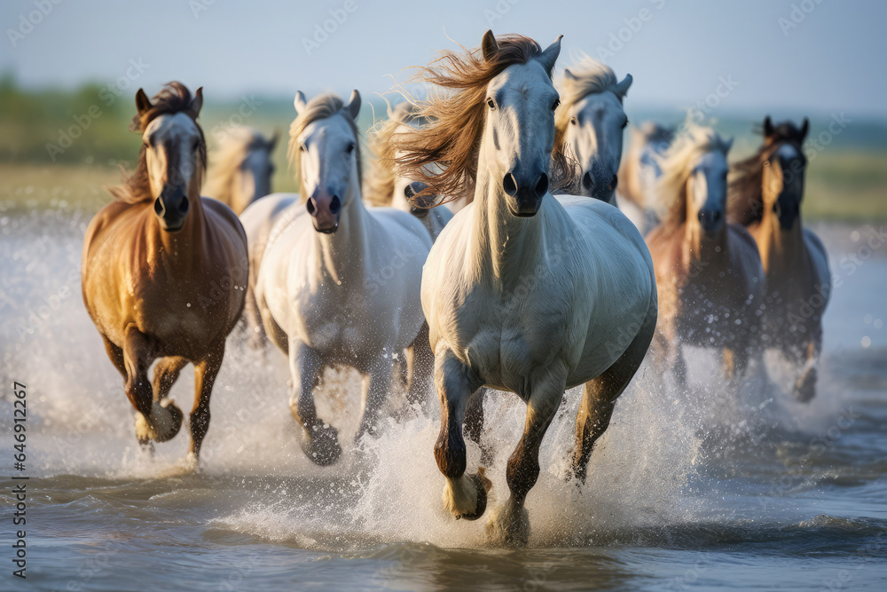 a herd of horse running through the beach