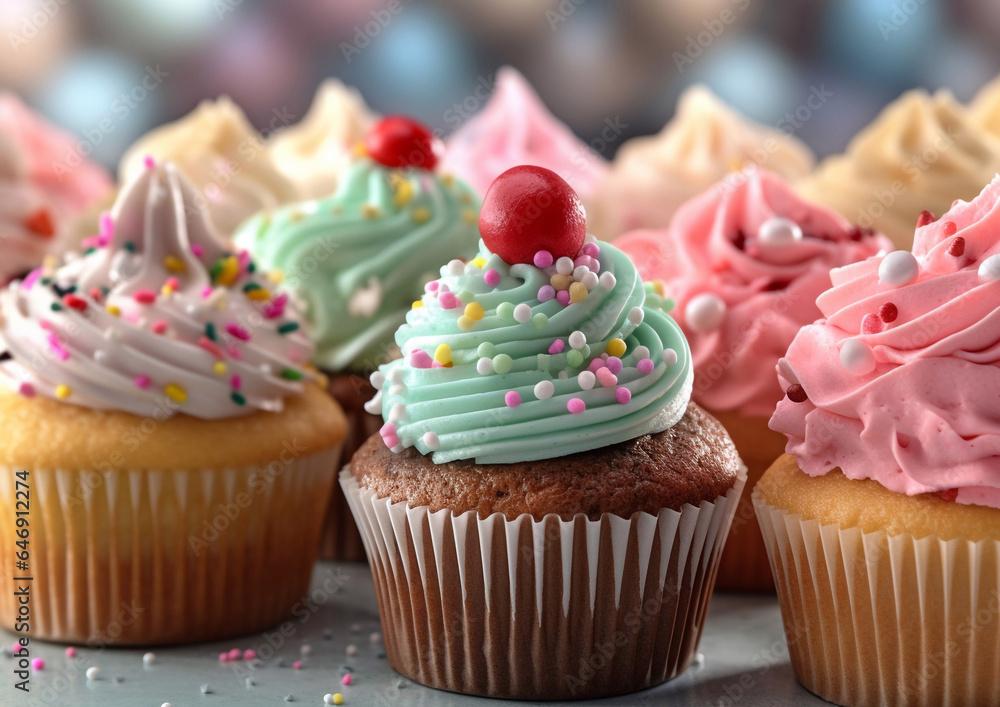 Assorted colorful sweet cupcakes with cream and decorations on table.Macro.AI Generative