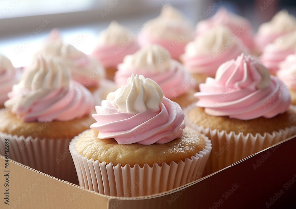 Box with fresh sweet cupcakes with pink cream.Macro.AI Generative