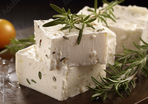 Cubes of greek feta cheese with rosemary on table.Macro.AI Generative
