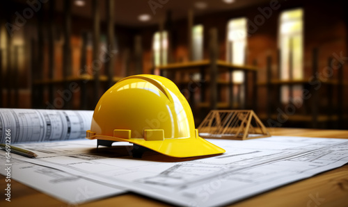 A construction safety hard hat with engineer plans on top of blueprints.