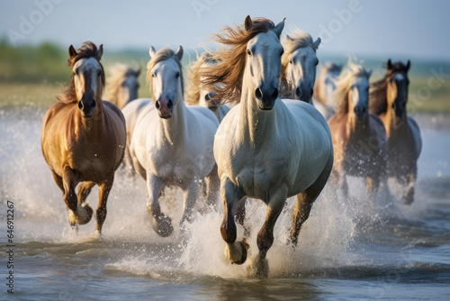 a herd of horse running through the beach