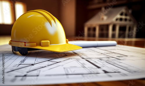 A construction safety hard hat with engineer plans on top of blueprints.