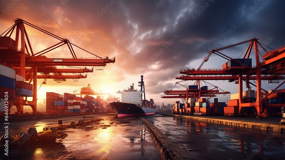 Container ship at industrial port in import export business logistics and international transportation by container ship on the sea, Container loading in cargo freight ship with industrial crane.