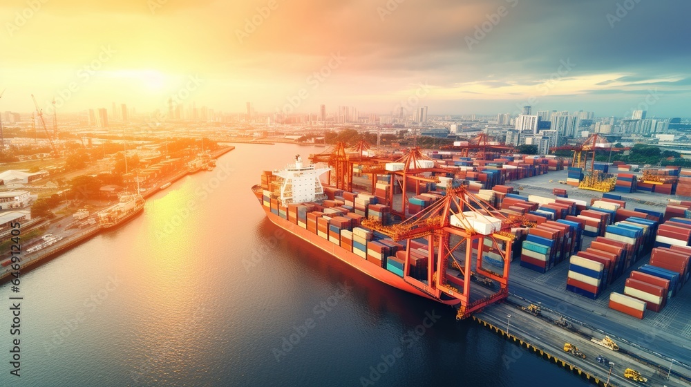 Container ship at industrial port in import export business logistics and international transportation by container ship on the sea, Container loading in cargo freight ship with industrial crane. - obrazy, fototapety, plakaty 