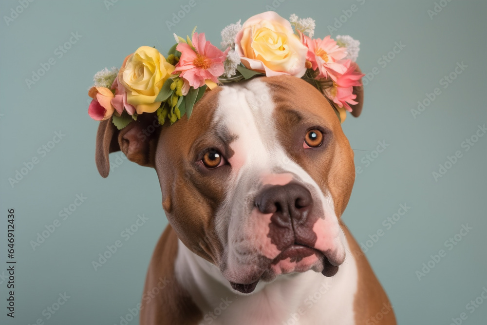Staffordshire Bull Terrier dog with flower crown on head on petrol blue background background
