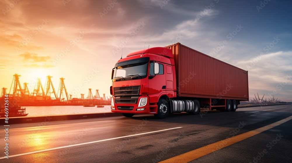 Red truck driving on a highway with a cargo trailer Red truck driving on a highway with a cargo trailer