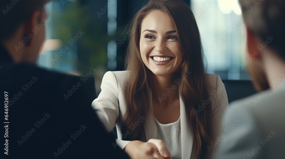 Portrait of a smiling woman in business attire, exuding happiness and beauty Portrait of a smiling woman in business attire, exuding happiness and beauty