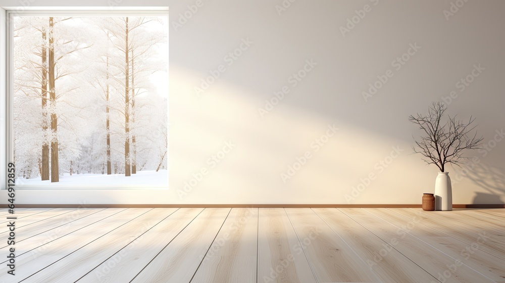 Empty white room with sunlight, wooden floor, large wall, and a window ...