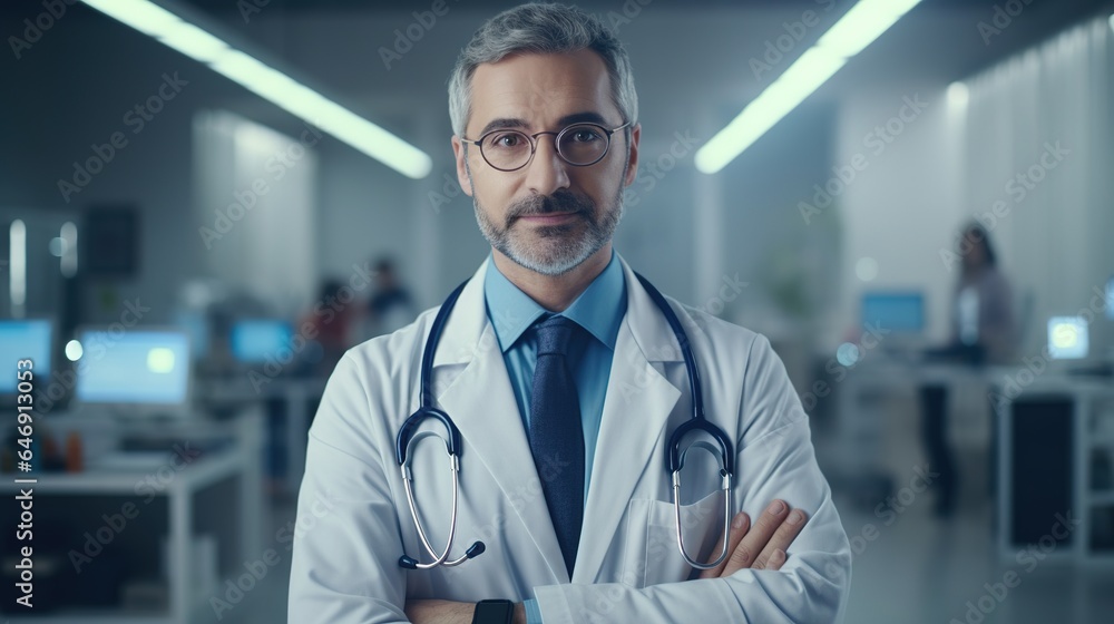 portrait of a smiling mature doctor with arms crossed in hospital portrait of a smiling mature doctor with arms crossed in hospital