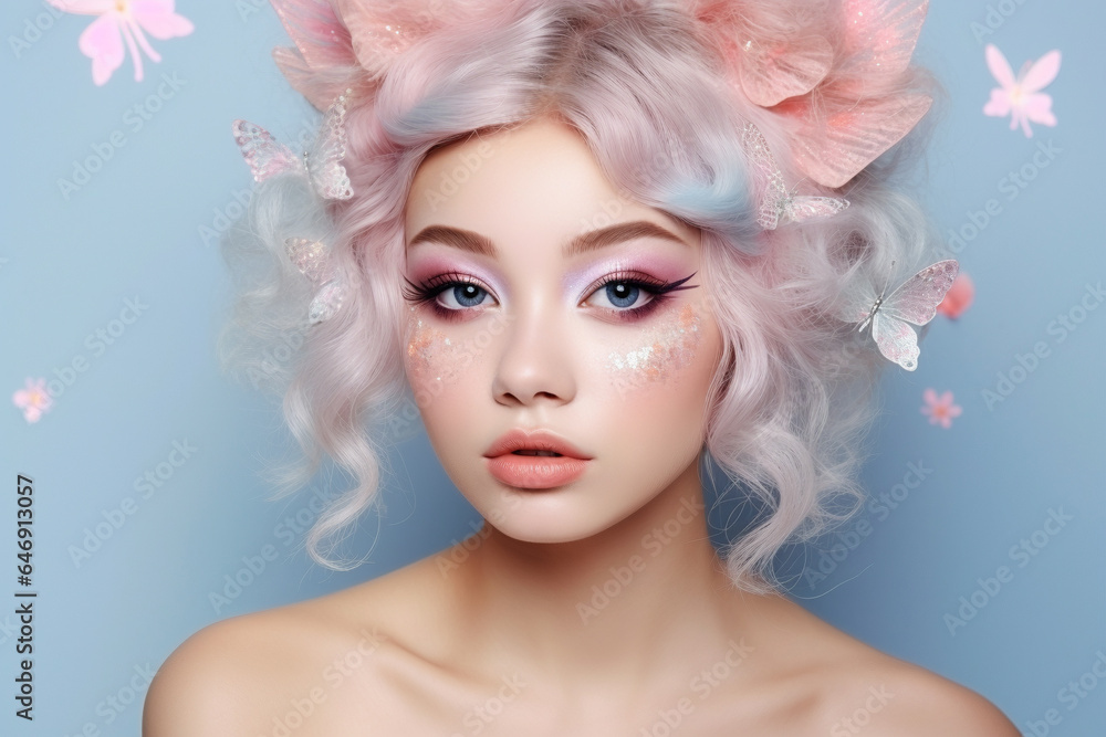 Young oman with Halloween fairy costume makeup and pastel colored hair on blue background