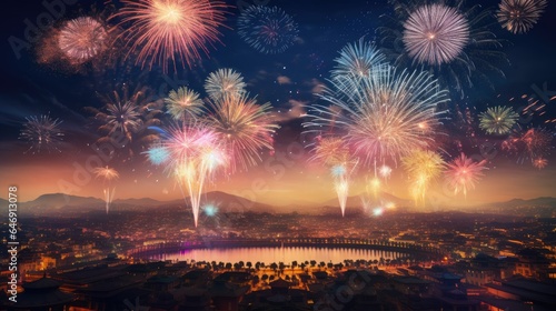 Fireworks banner for Diwali festival of lights background. Colorful Indian firework illustration.