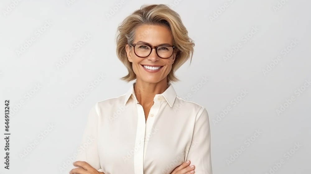 image of a smiling woman with crossed arms on a white background