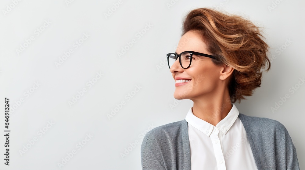 businesswoman is looking sideway on a white background