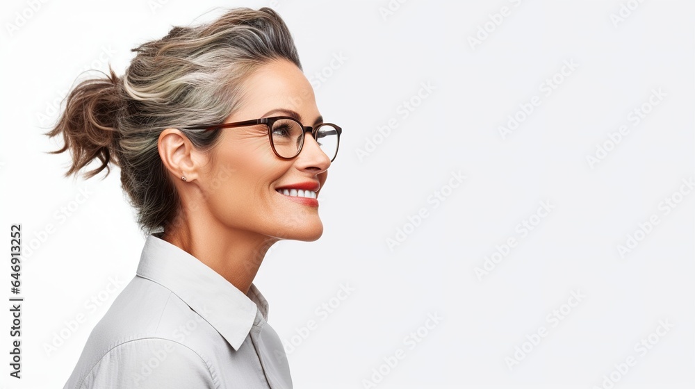 businesswoman is looking sideway on a white background businesswoman is looking sideway on a white background