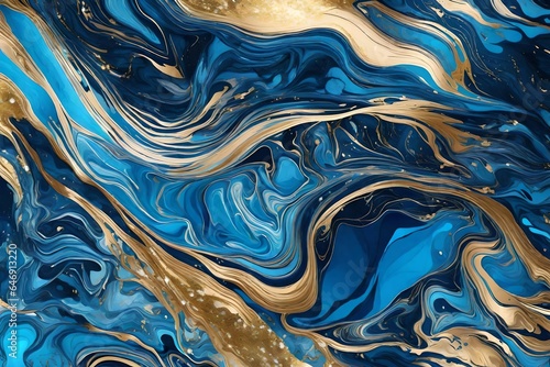 Abstract background, blue marble, fake stone texture, liquid paint, gold foil and glitter, painted artificial marbled, marbling