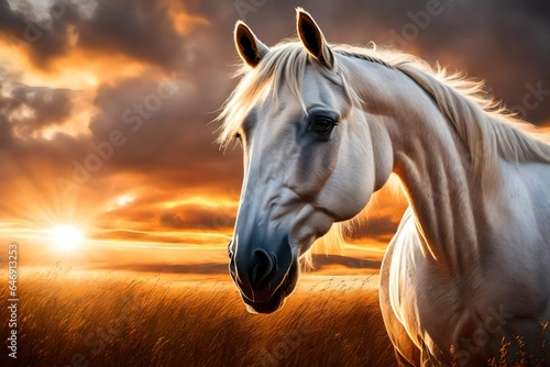 White horse portrait at sunset