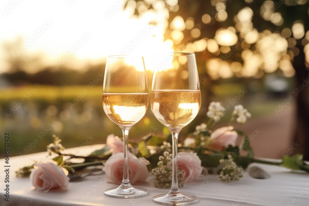 Elegant outdoo scene with two glasses of champagne and roses on the table. Elegant outdoo scene with two glasses of champagne and roses on the table.