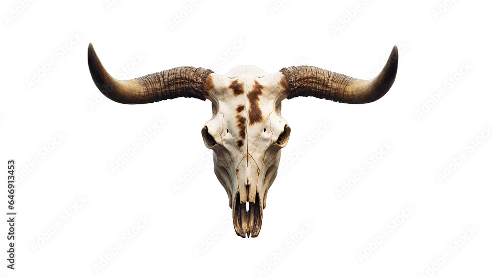 Bull Longhorn Skull with Antlers. Detailed Clipart Design for Rustic Decor Png.  - obrazy, fototapety, plakaty 