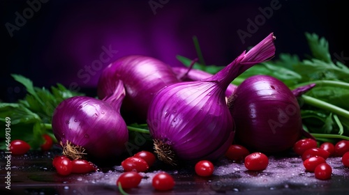 Close up purple onions background. Organic macro.