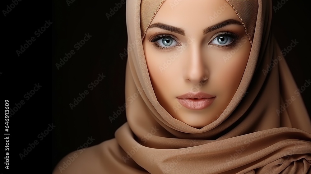 A joyful arab muslim woman smiles in a studio photograph. The religion notion of the UAE people from the Middle East is Islam. A joyful arab muslim woman smiles in a studio photograph. The religion notion of the UAE people from the Middle East is Islam.