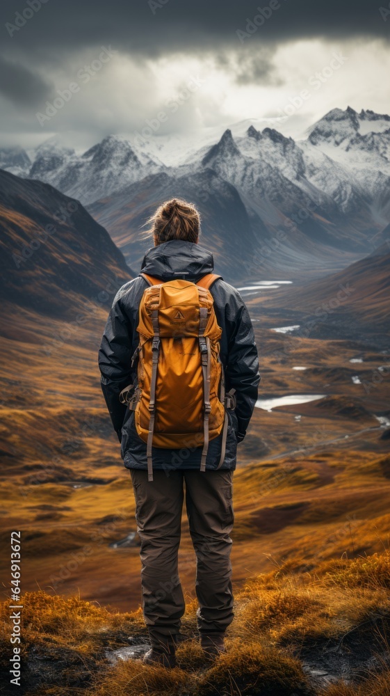Traveler man enjoying the landscape, mountains, valley, small rivers and lakes Traveler man enjoying the landscape, mountains, valley, small rivers and lakes