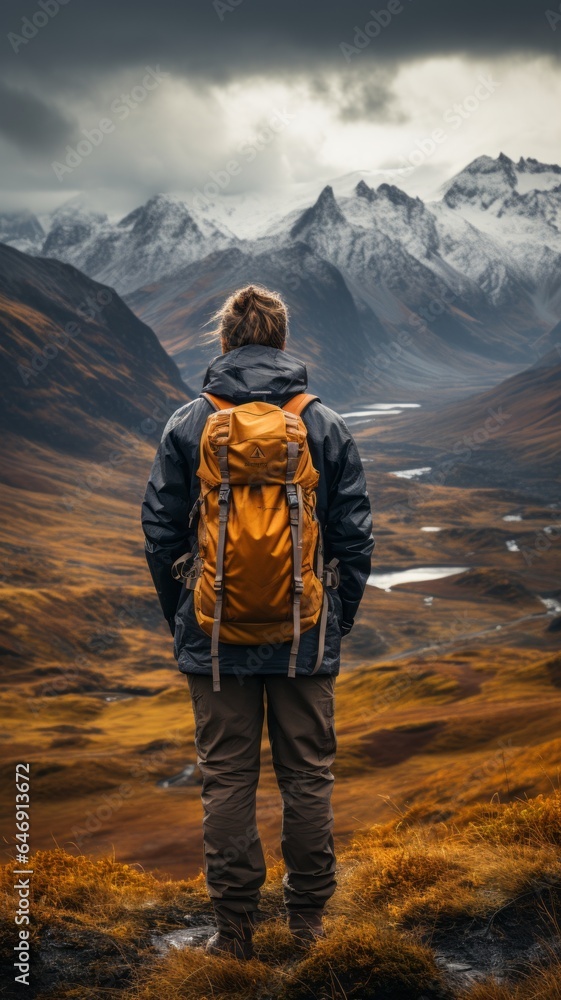 Traveler man enjoying the landscape, mountains, valley, small rivers and lakes