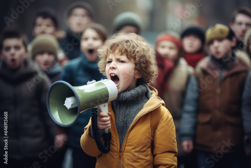 child with megaphone yelling in anger, group of people background