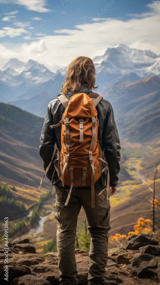 young man enjoying nature hiking, with his backpack and jacket ready