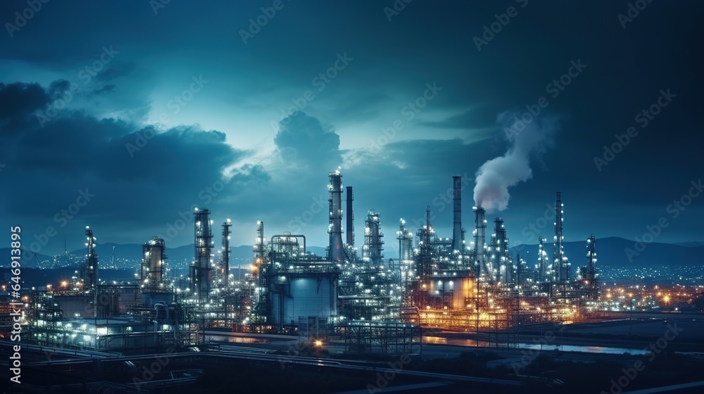 Aerial view oil storage tank with oil refinery background, Oil refinery plant at twilight. generative ai