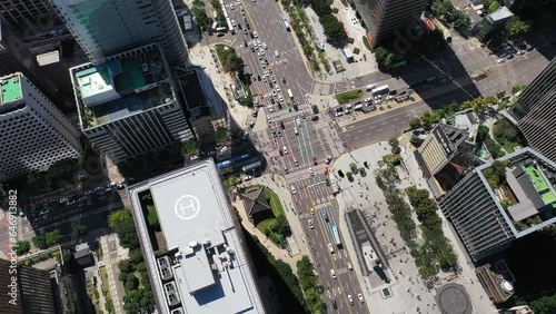 a drone-shot view of a downtown,Gwanghwamun Gate Seoul Korea
