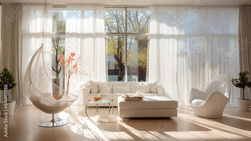 Białe wnętrze salonu pokoju z sofą firanami i kwiatami roślinami domowymi