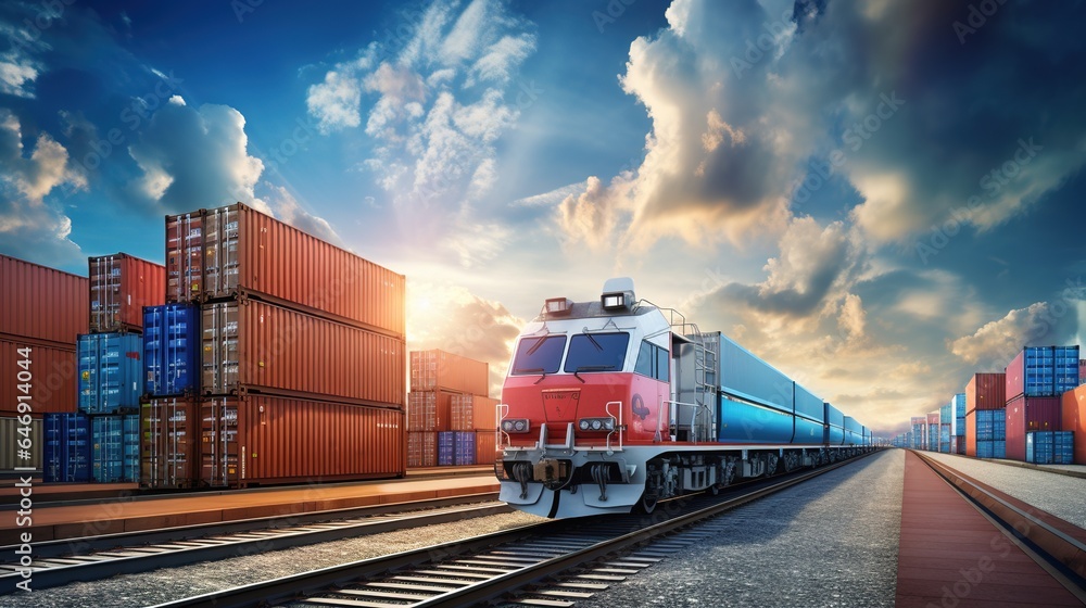 Sunset illuminates a cargo freight train as it travels along the tracks, carrying goods through the night, showcasing the essential elements of railway transportation and industrial travel Sunset illuminates a cargo freight train as it travels along the tracks, carrying goods through the night, showcasing the essential elements of railway transportation and industrial travel