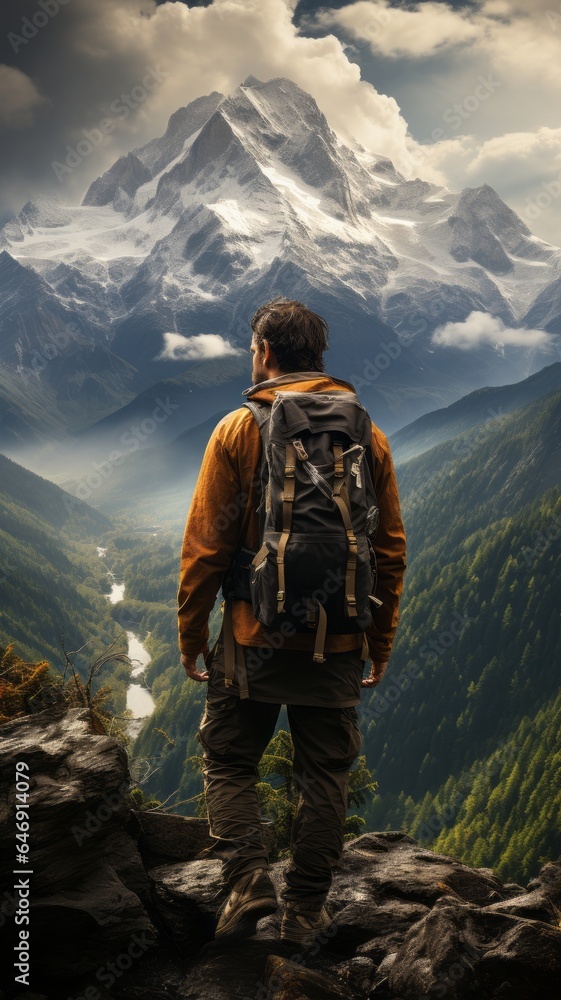Traveler man enjoying the landscape, mountains, valley, small rivers and lakes Traveler man enjoying the landscape, mountains, valley, small rivers and lakes