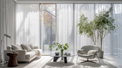 Białe wnętrze salonu pokoju z sofą firanami i kwiatami roślinami domowymi