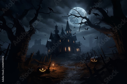 Wooden Haunted house with pumpkins. Full moon. Spooky Old house in spooky dark forest. Haunted house in the night forest. Moonlight. Witch's house. Mystical. Halloween scene. Halloween concept