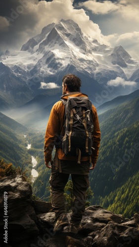 Traveler man enjoying the landscape, mountains, valley, small rivers and lakes © rodrigo