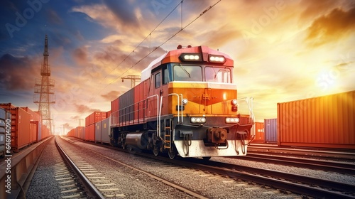 Sunset illuminates a cargo freight train as it travels along the tracks, carrying goods through the night, showcasing the essential elements of railway transportation and industrial travel