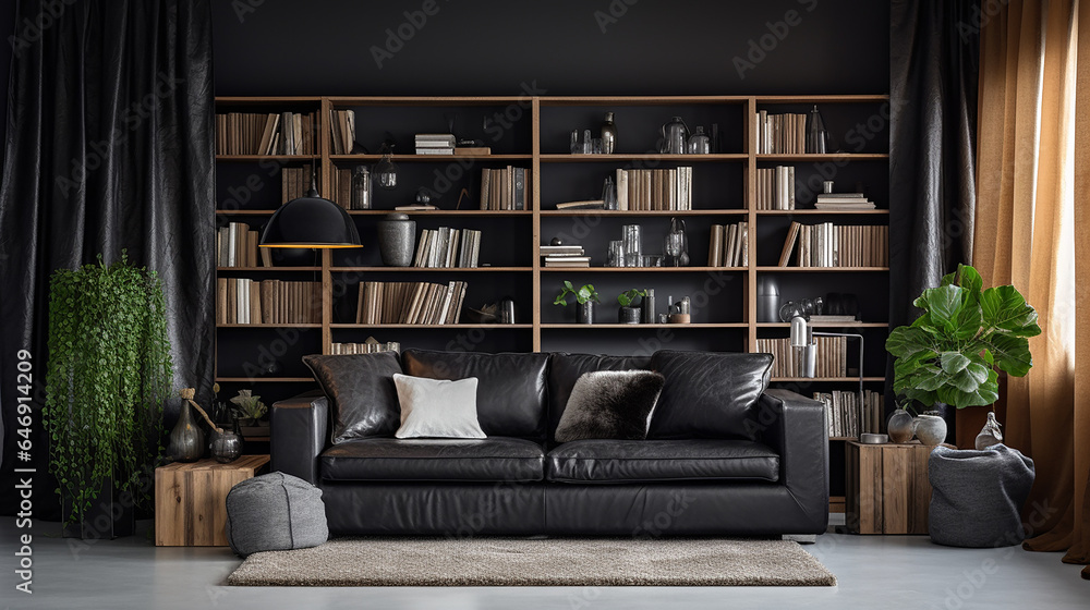 Przytulny czarny pokój salon z sofą i zasłonami - obrazy, fototapety, plakaty 