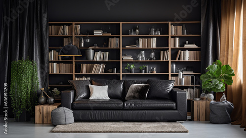 Przytulny czarny pokój salon z sofą i zasłonami