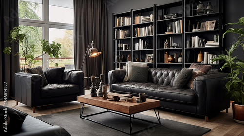Przytulny czarny pokój salon z sofą zasłonami i oknem