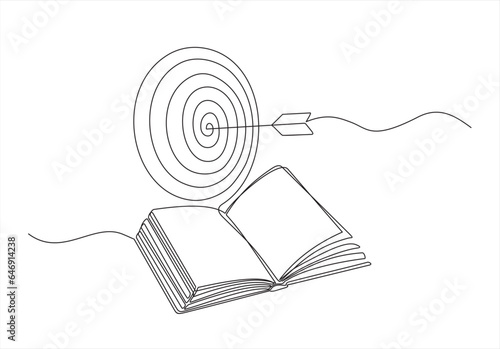 Gain knowledge from books - continuous line drawing of Open book lying down with target flying above. Reading, intelligence and wisdom concept, vector illustration