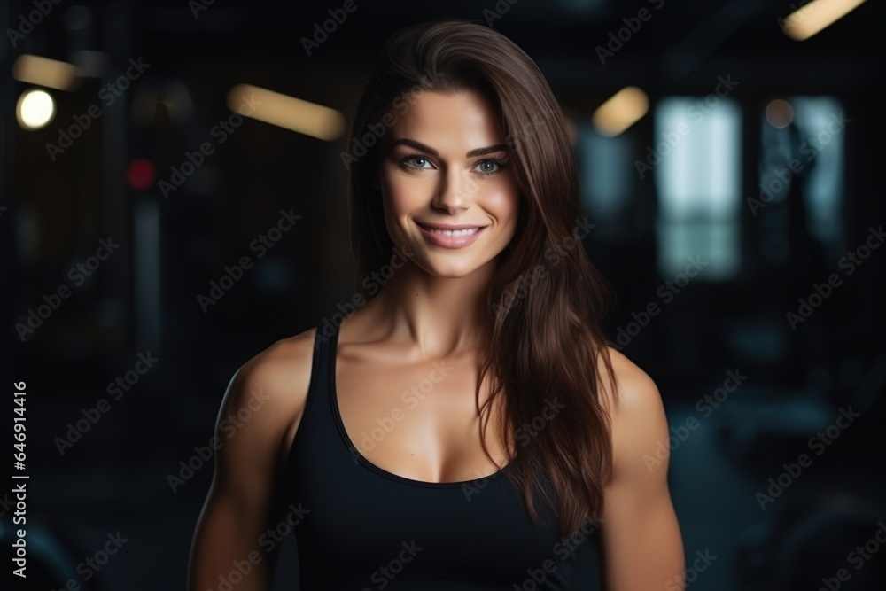 Smiling sporty girl in black sports top against the backdrop of gym.
